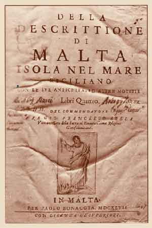 Frontespizio dellopera di Fra Giovanni Francesco Abela, Vicecancelliere dellOrdine, sulla Descrizione di Malta con la sua collocazione geografica in mare siciliano