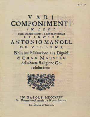 Frontespizio della raccolta in lingua italiana di composizioni letterarie dedicate al Gran Maestro Antonio Manoel de Villena. 
