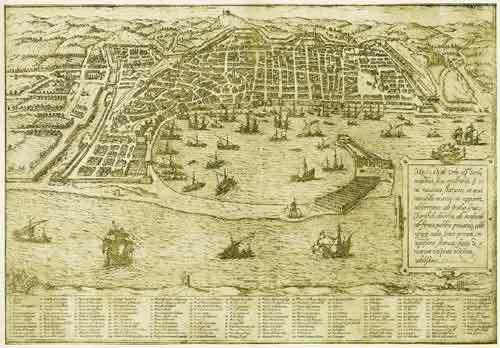 Messina nella seconda met del 1500, in una stampa depoca. A destra in alto, allimboccatura del porto e contrassegnati dai numeri 90, 91, 106, 5, il Priorato di San Giovanni, Piano di San Giovanni, la Chiesa, il Borgo di San Giovanni.
