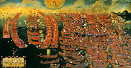 La battaglia di Lepanto. Lo schieramento della flotta cristiana in ordine di combattimento, durante la decisiva battaglia di Lepanto contro lespansione musulmana.A sinistra in primo piano e al centro le navi dellOrdine di San Giovanni di Gerusalemme, molte delle quali allestite ed equipaggiate nei cantieri di Messina, e salpate dai porti siciliani.(Anonimo, XVII, olio su tela).